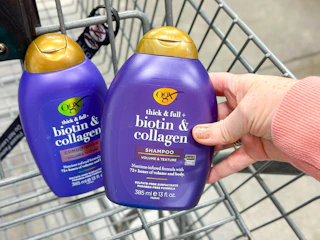 hand holding a bottle of ogx shampoo