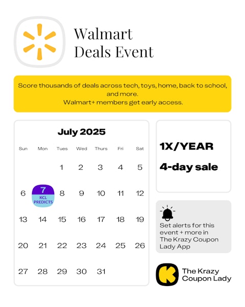 Calendar graphic of Walmart Deals Event that is predicted for July 7, 2025