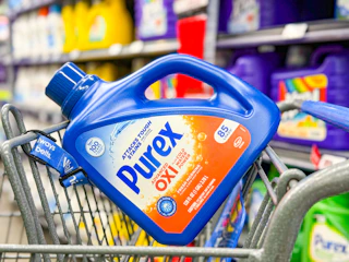 Purex Laundry Detergent tilted in Walmart shopping cart