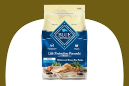 Stock image of a 5-pound bag of Blue Buffalo Senior Dog Food bag in check/brown rice flavor