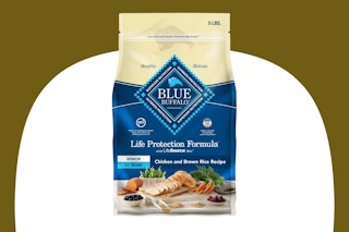 Stock image of a 5-pound bag of Blue Buffalo Senior Dog Food bag in check/brown rice flavor