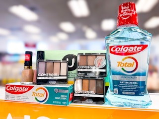 colgate total mouthwash, toothpaste ,revlon nail polish, covergirl eyeshadow, and  u by kotex liners