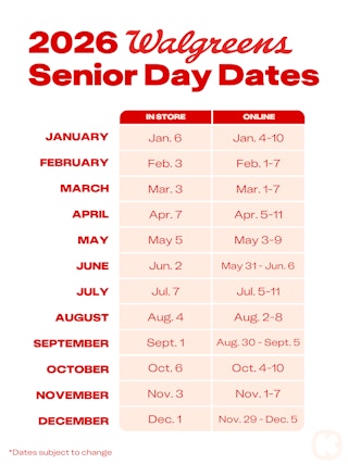 graphic of the 2026 dates for walgreens senior day dates