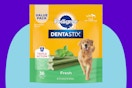 Pedigree Dentastix Large Breed Dog Treats, Fresh Flavor, 1.87 lb. Bag (36 Treats) on a blue background.