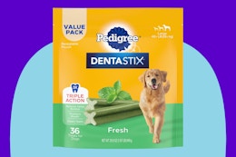 Pedigree Dentastix Large Breed Dog Treats, Fresh Flavor, 1.87 lb. Bag (36 Treats) on a blue background.