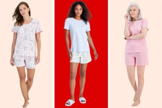 collage of women wearing a pajama set in different colors