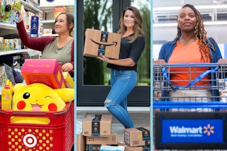 people shopping at target, walmart, and picking up amazon boxes