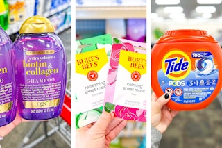 collage image of ogx shampoo, burts beees sheet masks, and tide pods