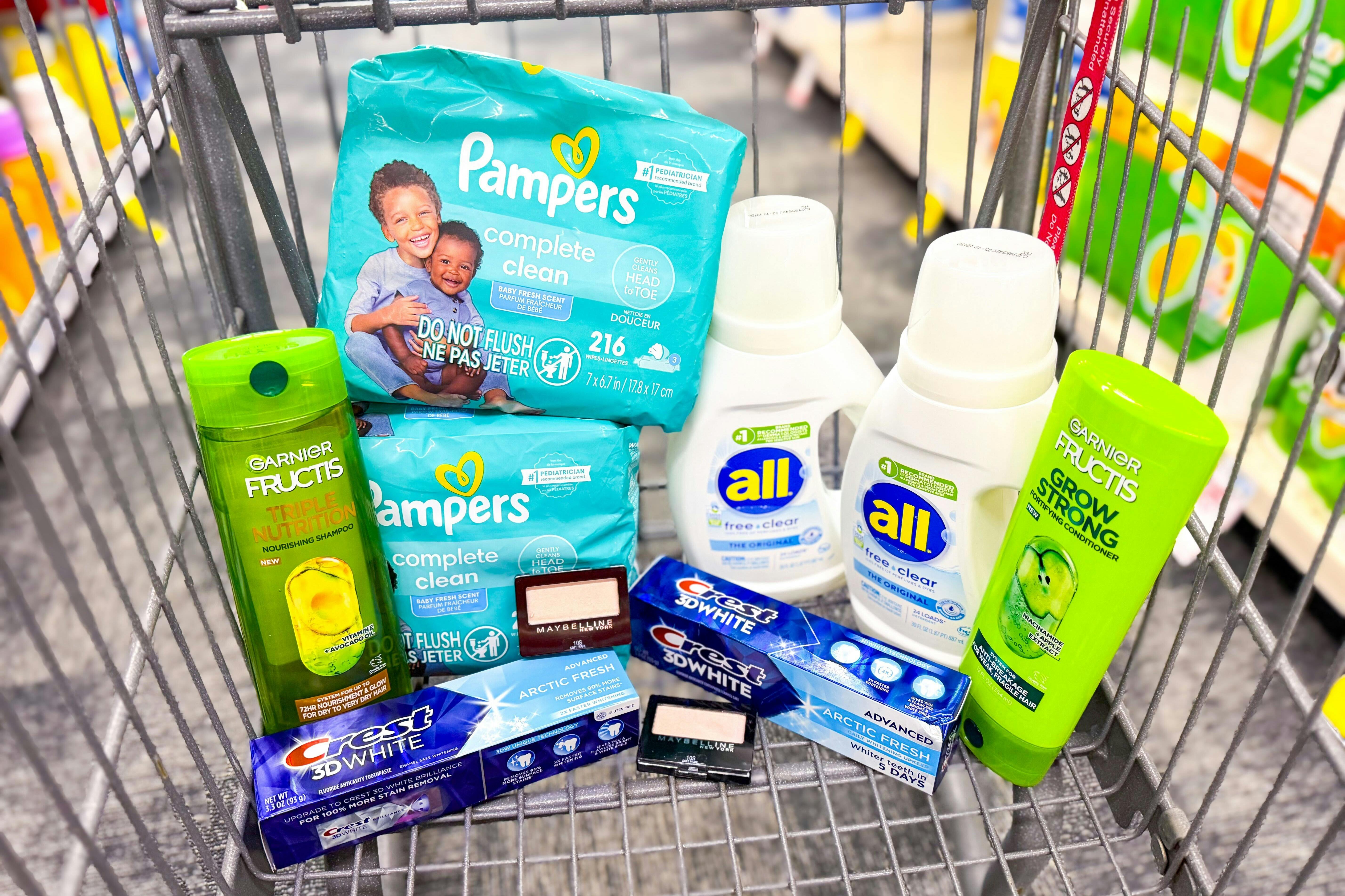 shopping cart with all, garnier, crest, maybelline, and pampers products