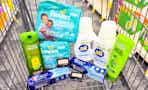 shopping cart with all, garnier, crest, maybelline, and pampers products