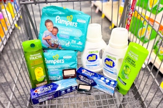 shopping cart with all, garnier, crest, maybelline, and pampers products