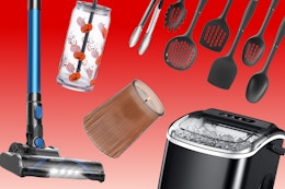 cordless stick vacuum, candle, ice maker, glass tumbler, and serving spoon