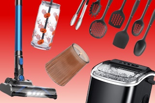 cordless stick vacuum, candle, ice maker, glass tumbler, and serving spoon