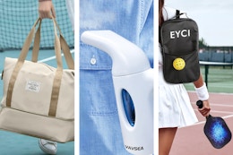 cream colored duffel bag, white clothes steamer, and pickleball paddle and backpack