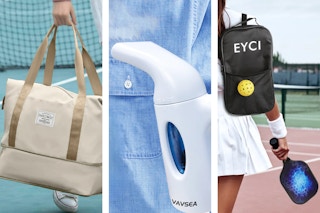 cream colored duffel bag, white clothes steamer, and pickleball paddle and backpack