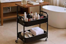 a rolling cart in a bathroom