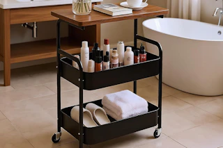 a rolling cart in a bathroom