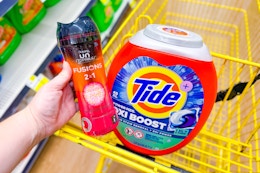 tide and downy products in a yellow shopping cart