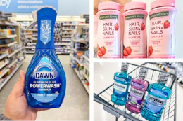 collage with dawn, natures bounty, and listerine