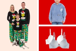 Grinch pajamas, toddler Bluey sweatshirt, Fruit of the Loom women's bras