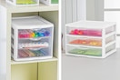 2 lifestyle images of Sterilite 3-drawer units