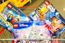 lego advent calenders in a costco shopping cart