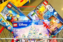 lego advent calenders in a costco shopping cart