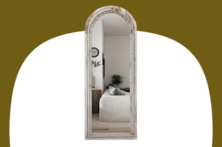 Lifestyle image BEAUTYPEAK Full Arch Wood Frame Mirror with background removed (used over olive/white max shape background)
