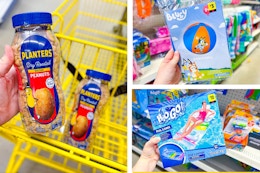 dollar general planters peanuts, h20 go beach ball, h20 go pool lounge 3-photo collage