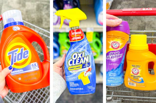 collage with tide, oxi-clean, and arm & hammer laundry products