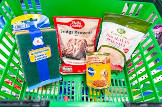 dollar tree groceries in a green basket