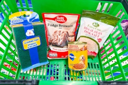 dollar tree groceries in a green basket