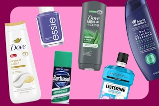 collage of personal care products on a pink and maroon kcl background