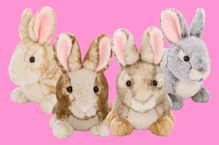 4 plush bunny toys in different colors