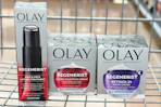 olay skincare products in a cart