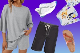 gray women's loungewear set, Reebok men's swim trunks, Avia sneakers, Bluey pajamas, and flatbed sandals