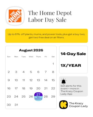 Calendar graphic of Home Depot Labor Day Sale predicted for Aug 27 2026