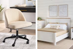 cream office chair and a farmhouse style bed