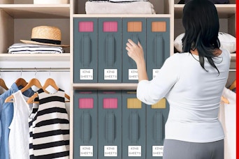 woman in closet looking a her bed sheet organizers