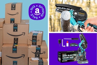 A collage showcasing a mini saw cutting a tree branch and next to its packaging