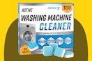 Washing machine descaler on a yellow background.