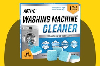 Washing machine descaler on a yellow background.