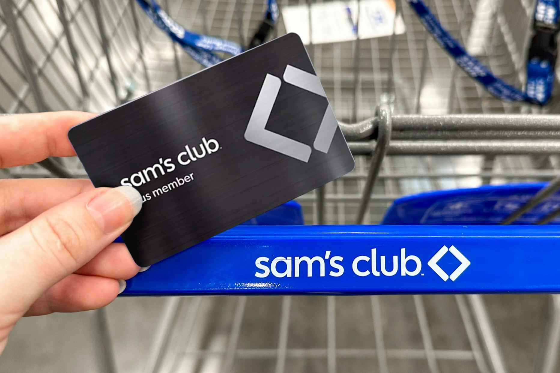 Someone holding a Sam's Club plus membership card next to a Sam's Club cart