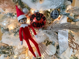 an elf on the shelf sitting next to a diy santa cam ornament hanging in a tree