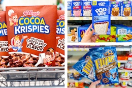 collage with cocoa krispies cereal, poptarts, and flipz pretzels