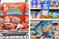 collage with cocoa krispies cereal, poptarts, and flipz pretzels
