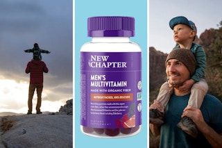 A jar of New Chapter Gummies flanked by a close and far photo of a man holding a child on his shoulders