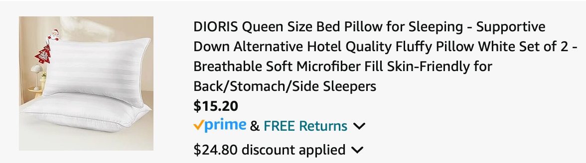 queen sized bed pillows Amazon receipt