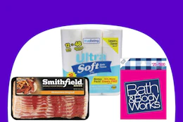 dollar general smithfield, true living, bath and body works gift card on purple and white background