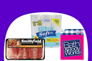 dollar general smithfield, true living, bath and body works gift card on purple and white background